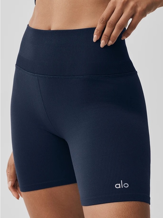 ALO Yoga Pants - ALO Yoga Ribbed High-Rise Navy Bike Shorts 5” Seamless Favorite Blue